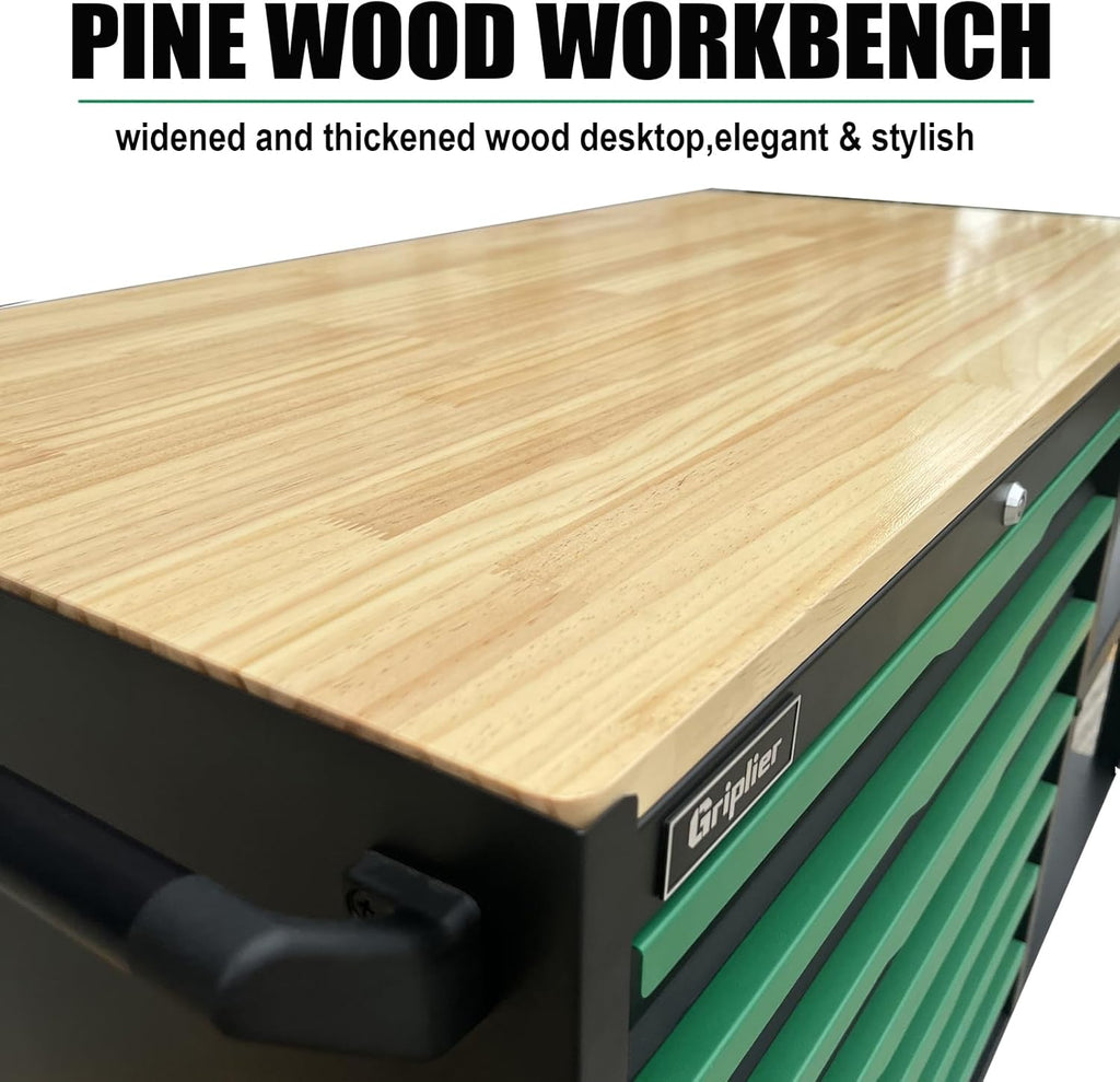 14-Drawers Rolling Tool Chest with Wood Workbench,Brake Casters,Heavy-Duty Steel Cabinet Storage, 46.8W x 18.3D x 42.7H inch