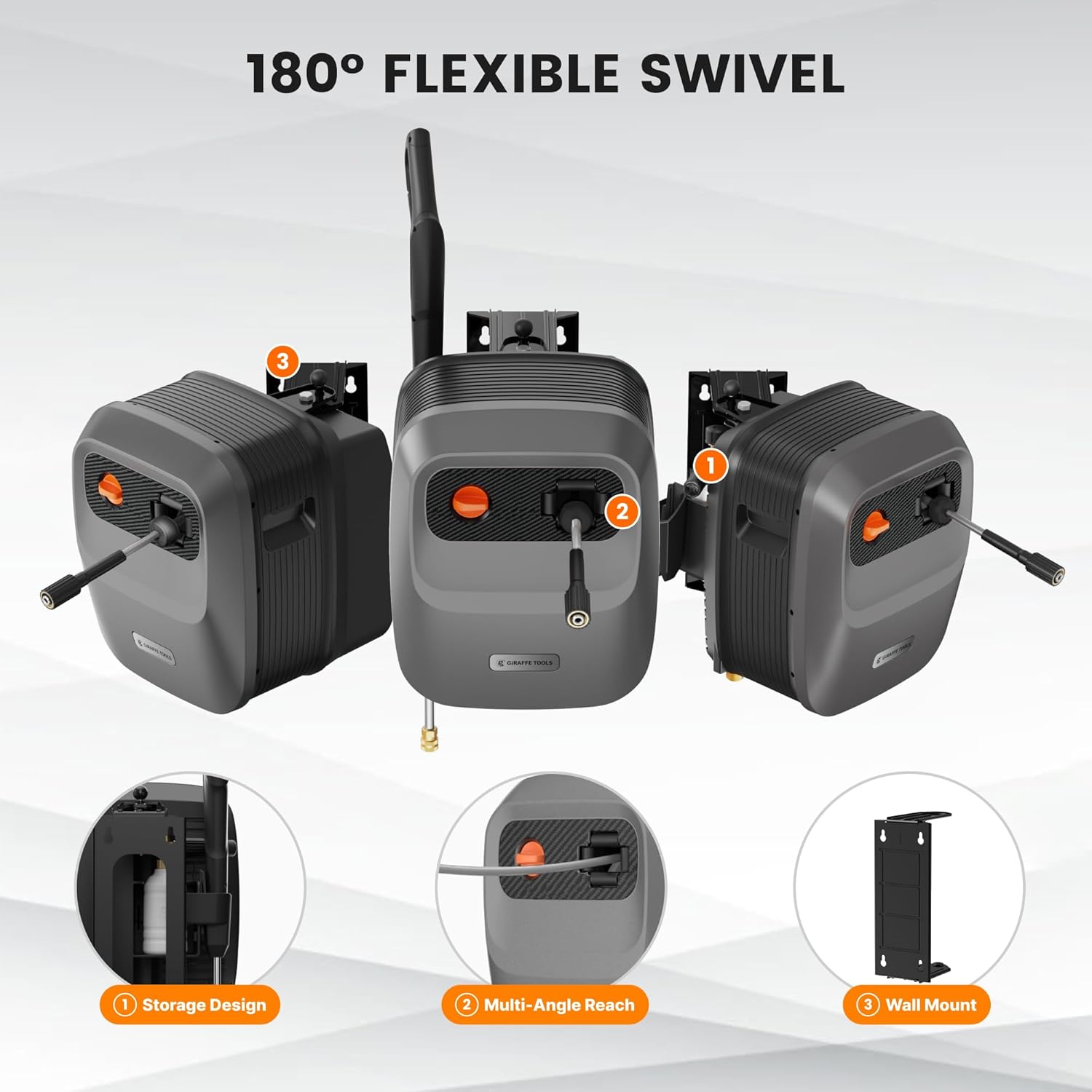 Pressure Washer G20 Pro, 2500 PSI 2.2 GPM, Wall Mounted Power Washer with 65FT Hose Reel, 4 Nozzles, Foam Cannon for Floor/Cars/Fences/Patios, Dark Silver