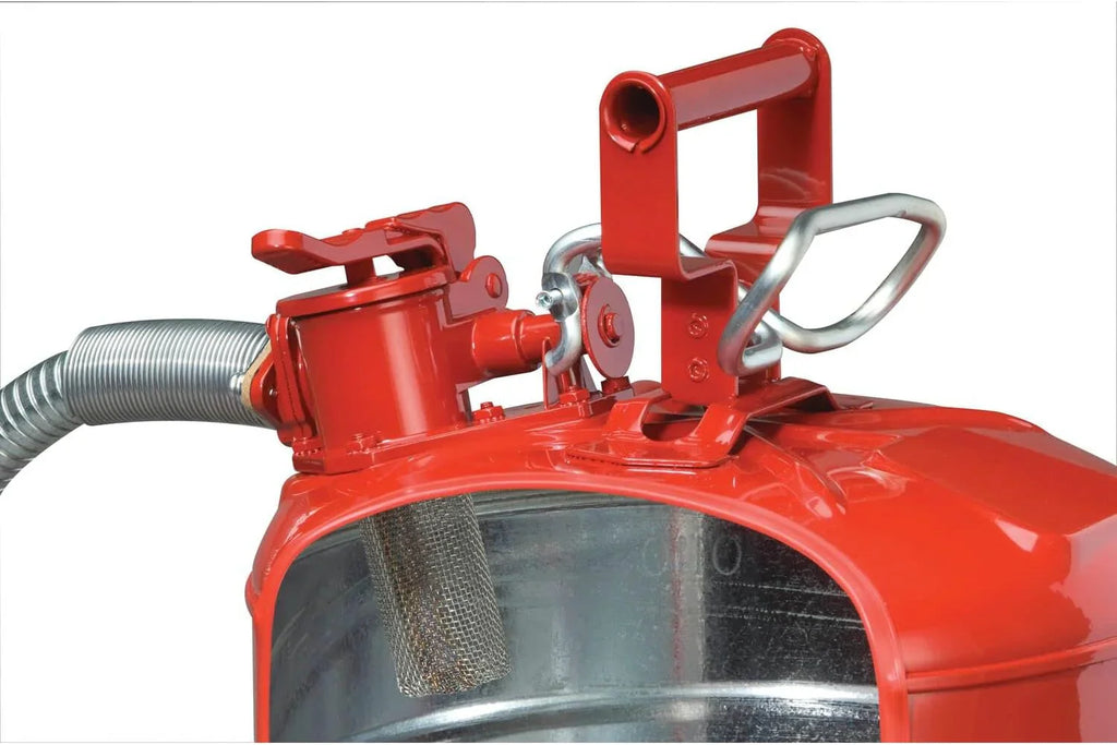 Justrite 5-Gallon Type II Red Safety Gas Can �� OSHA-Approved Steel Fuel Container with Flame Arrester, Self-Closing Lid & 1" Flexible Spout (7250130)