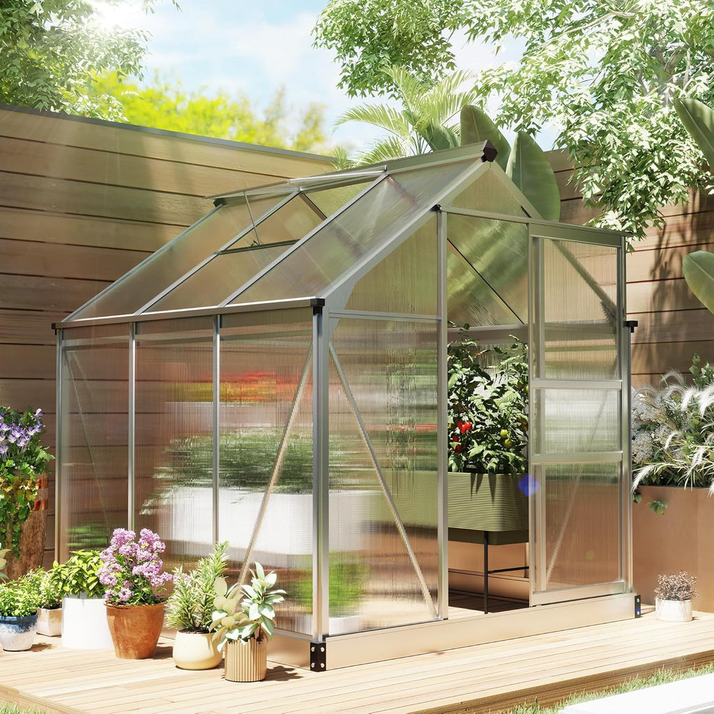 Outsunny 6' x 6' x 6.6' Polycarbonate Greenhouse, Walk-in Green House Kit Garden, Plants Grow, Galvanized Sheet Aluminum Frame with Rain Gutter, Vent and Sliding Door, Grey