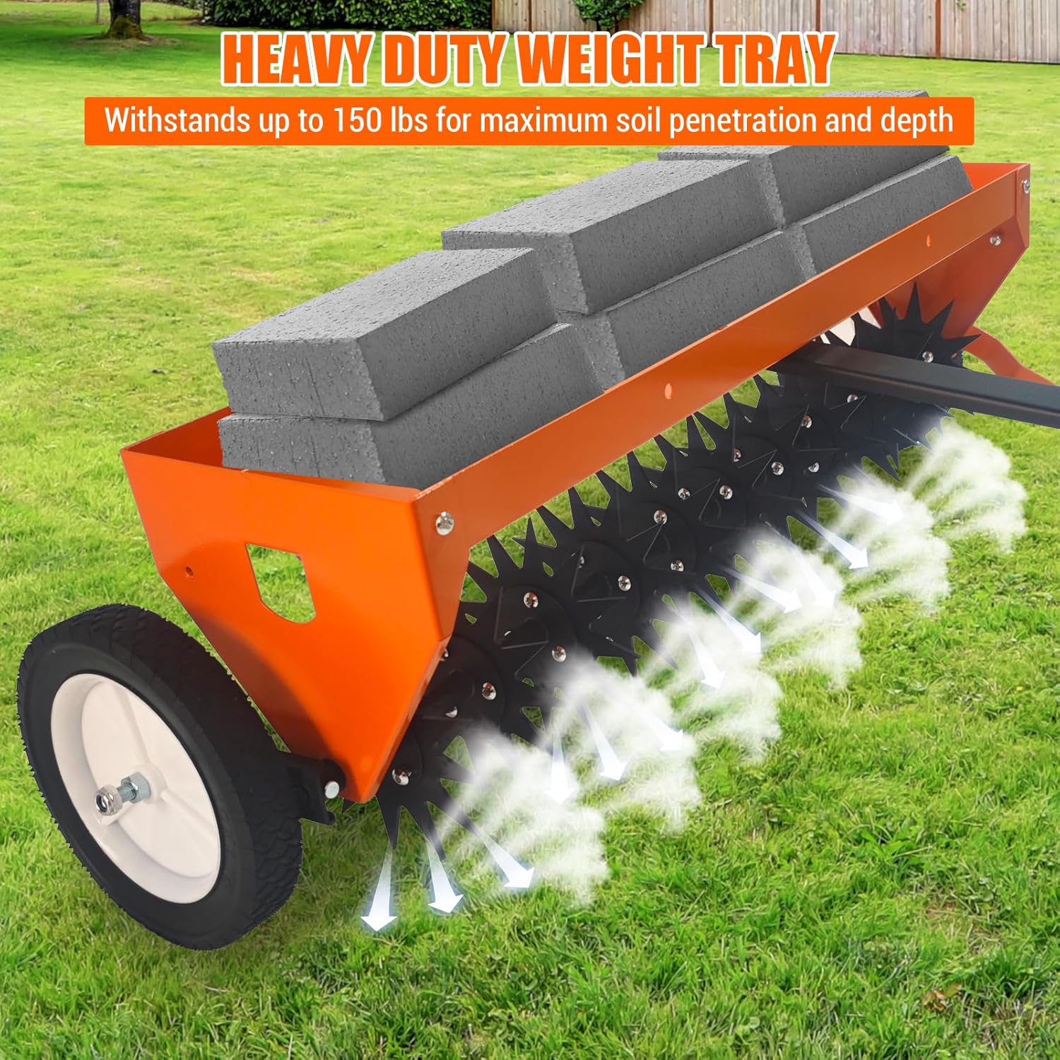 Traction-type weed remover, 40-inch traction-type sharp-toothed weed remover with transport wheels, steel teeth, tray, suitable for towing-type weed remover for farms, lawns and gardens, with adjustable handle
