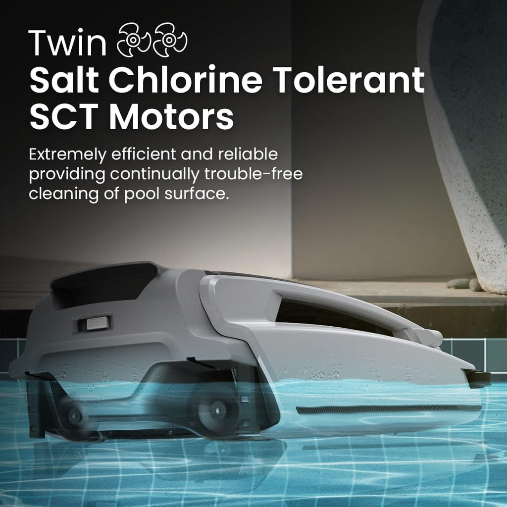 Solar-Powered Robotic Pool Skimmer with 24/7 Continuous Cleaning Power, Dual Charging Options, Twin Salt Chlorine Tolerant Motors, and Shallow Water Safeguard