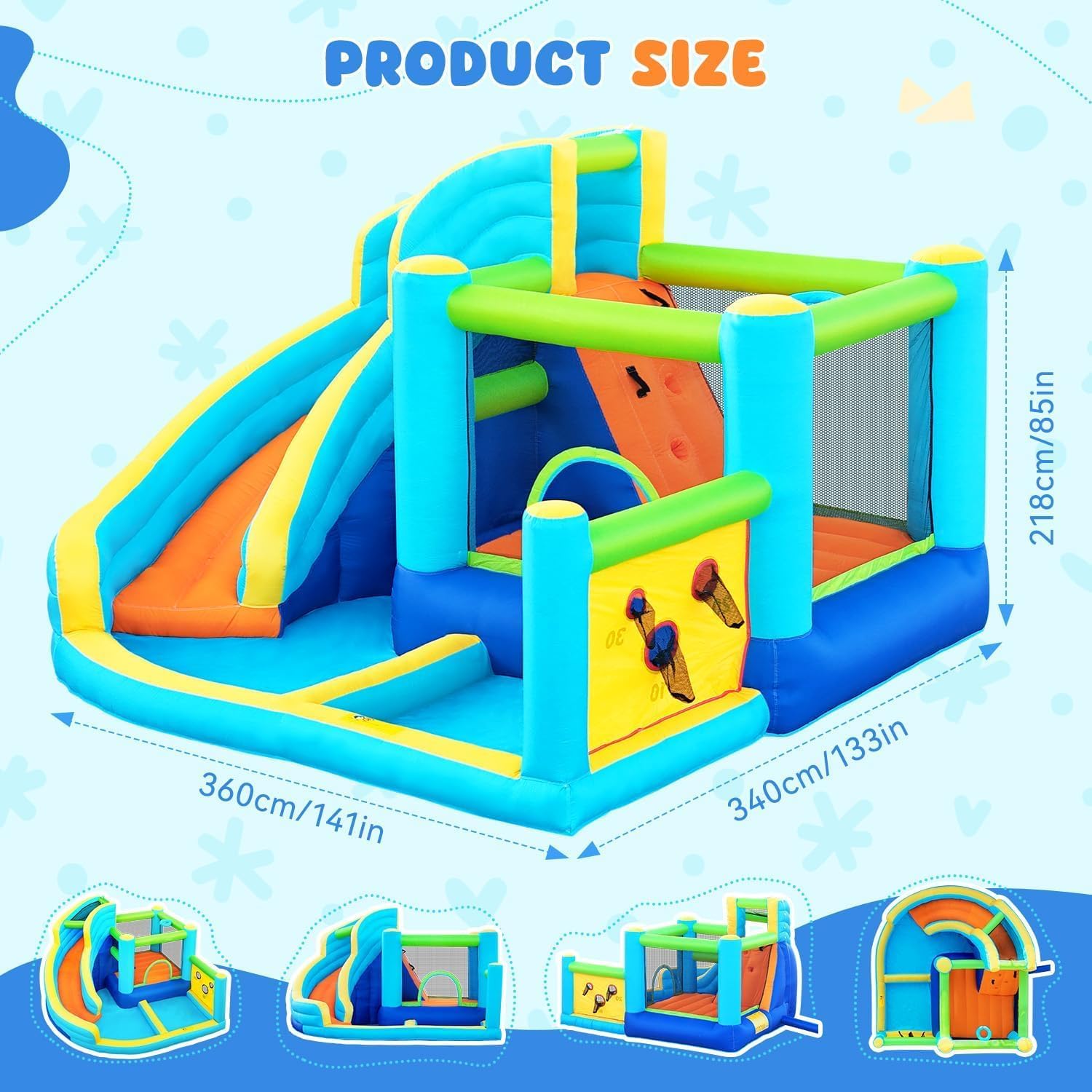 Inflatable Bounce House, Air Bounce House with Water Slides, Climbing Wall, Jumping and Splash Pool, Ball Shooting, Kids Bouncy Castle for Outdoor Backyard Discovery(with 450W Blower)