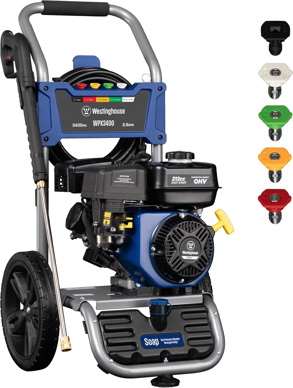Gas Pressure Washer, 3400 PSI and 2.6 Max GPM, Onboard Soap Tank, Spray Gun and Wand, 5 Nozzle Set, CARB Compliant, for Cars/Fences/Driveways/Homes/Patios/Furniture