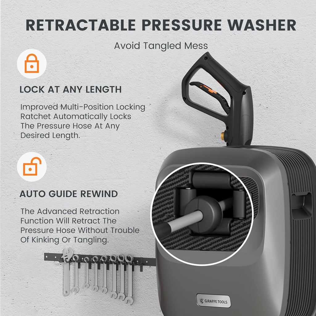 Pressure Washer G20 Pro, 2500 PSI 2.2 GPM, Wall Mounted Power Washer with 65FT Hose Reel, 4 Nozzles, Foam Cannon for Floor/Cars/Fences/Patios, Dark Silver