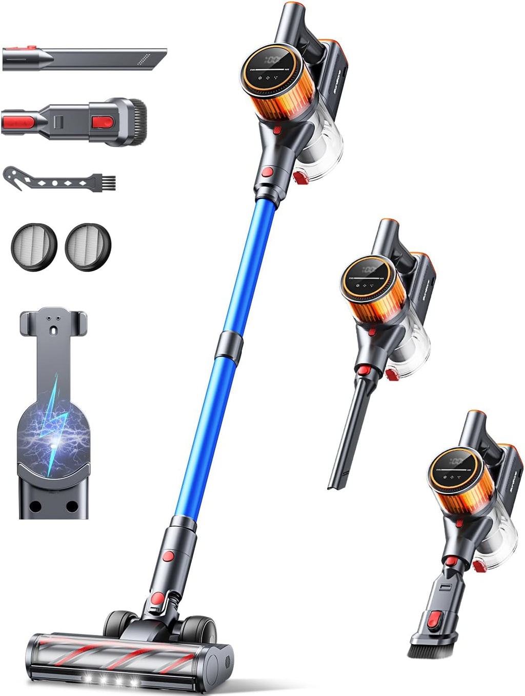 Cordless Vacuum Cleaner, 550W 45Kpa Self-Standing Vacuum Cleaners with 60 Mins Runtime, Powerful Cordless Vacuum with Wall Mount Charging, Stick Vacuum for Home/Pet Hair/Carpets/Hard Floors
