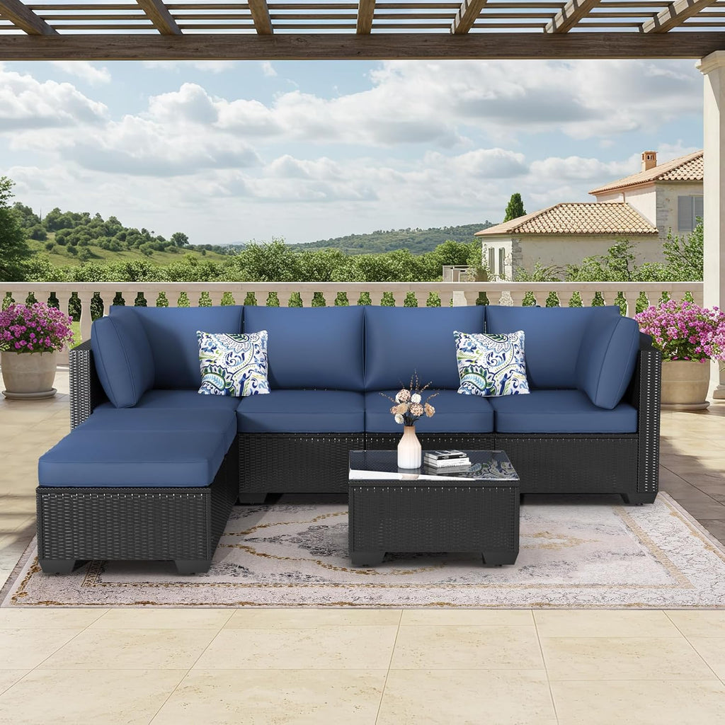 7 Piece Outdoor Patio Furniture Set, PE Rattan Wicker Sofa Set, Outdoor Sectional Furniture Chair Set with Navy Cushions and Tea Table, Black Rattan