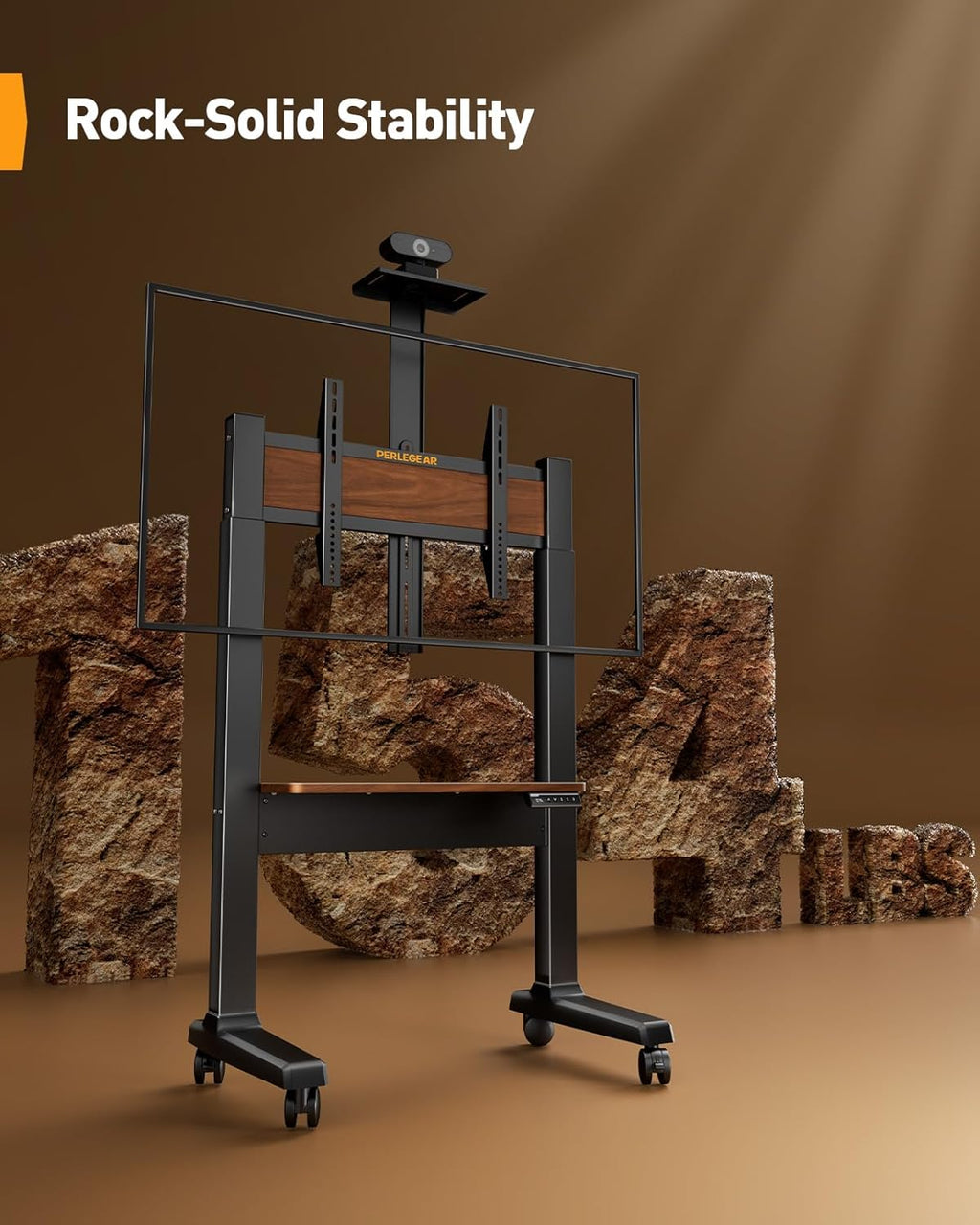 Motorized Mobile TV Stand on Wheels for 37–86 Inch TVs up to 154 lbs, Electric Height Adjustable Rolling TV Stand, VESA 200x200–600x400mm, Wooden Shelf & Panel,