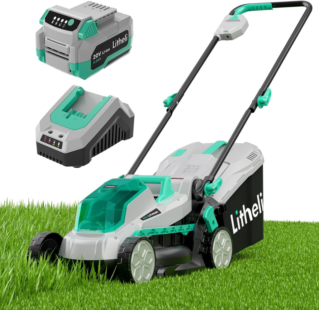 40V (2 x 20V) 16-inch cordless electric lawn mower, brushless mower, with 6 height adjustment functions, portable and lightweight push-type battery-driven lawn mower (including 2 4.0 amp-hour batteries)