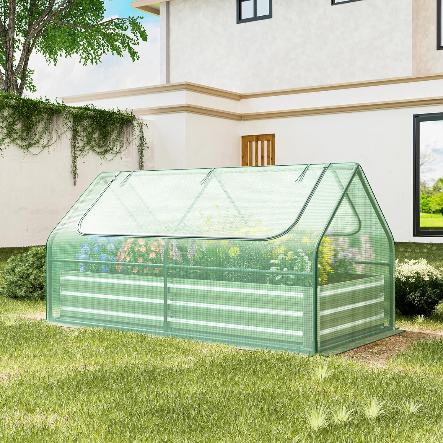 Galvanized Steel Raised Garden Bed with Mini Greenhouse, Outdoor Metal Planter Box Kit with Large Roll-up Cover, 71"x 35.5"x 36" Planter Raised Bed for Flower Vegetable Fruit (Green & Silver)