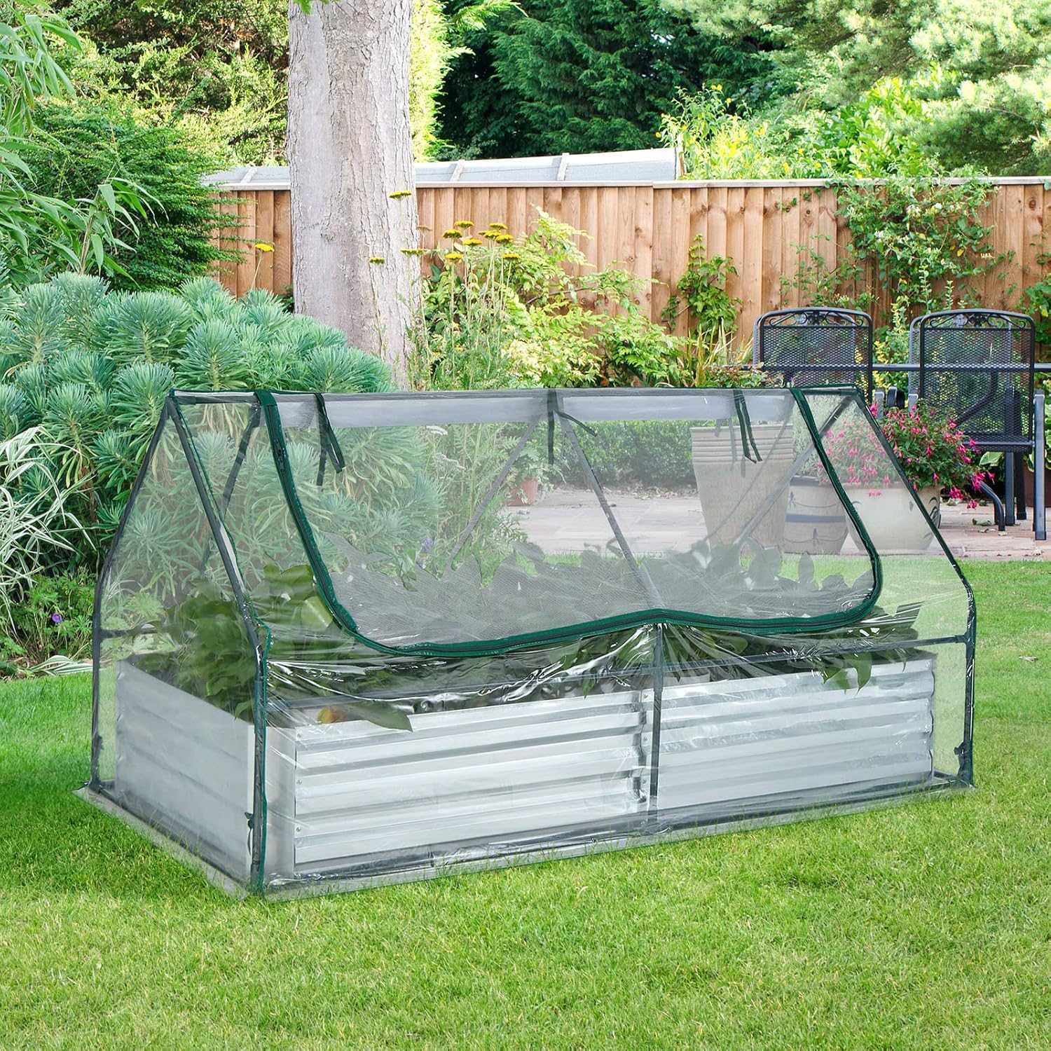 Galvanized Steel Raised Garden Bed with Mini Greenhouse, Outdoor Metal Planter Box Kit with Large Roll-up Cover, 71"x 35.5"x 36" Planter Raised Bed for Flower Vegetable Fruit (Green & Silver)