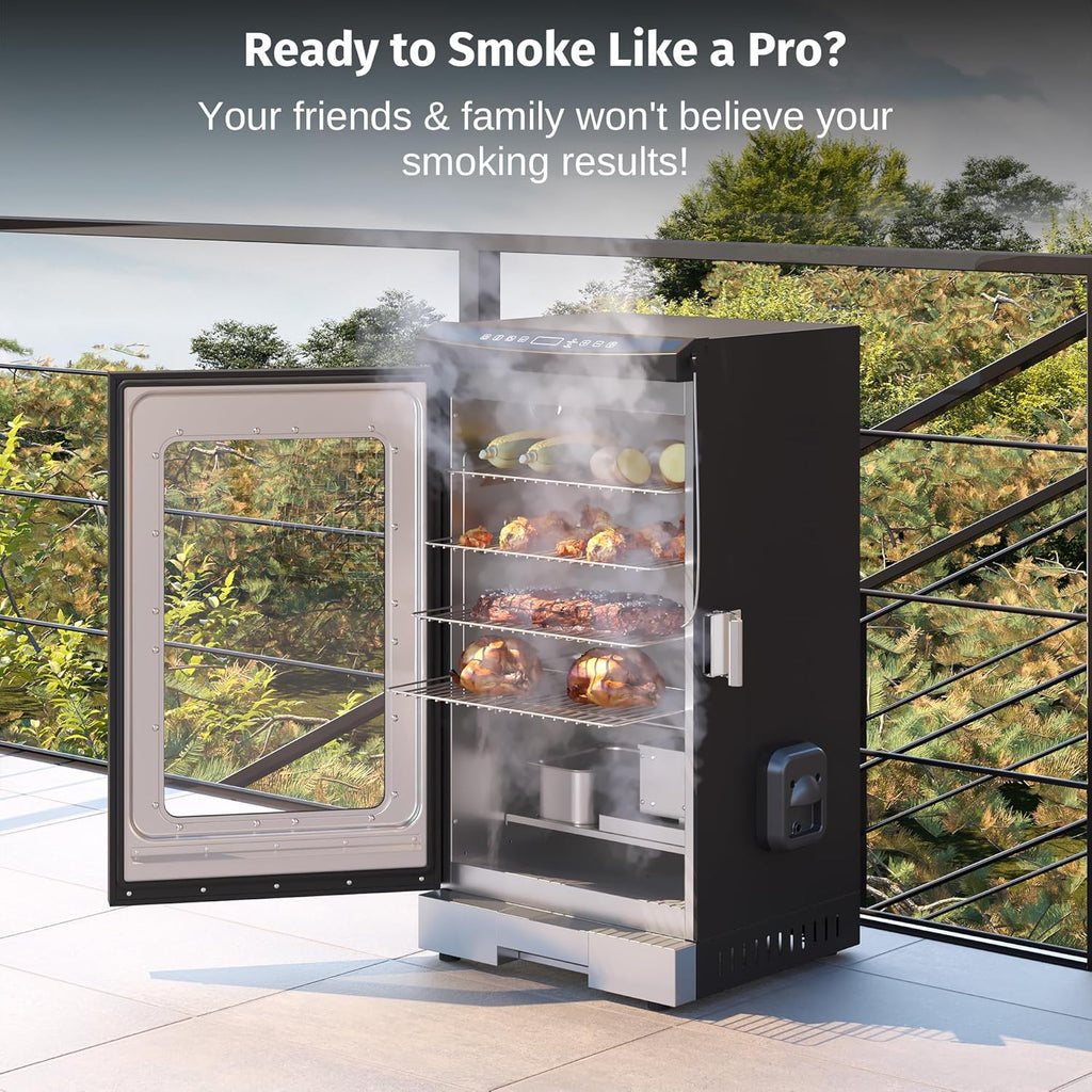 30" Electric Smoker, Outdoor Smoker with Glass Door & Meat Thermometer, 725 Sq Inch Large Capacity, 4 Detachable Racks for Backyard BBQ, Party, Outdoor Cooking Night Blue