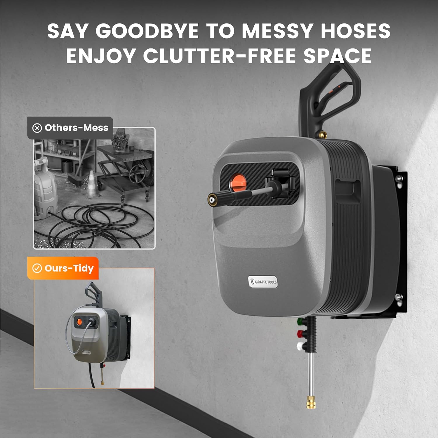 Pressure Washer G20 Pro, 2500 PSI 2.2 GPM, Wall Mounted Power Washer with 65FT Hose Reel, 4 Nozzles, Foam Cannon for Floor/Cars/Fences/Patios, Dark Silver