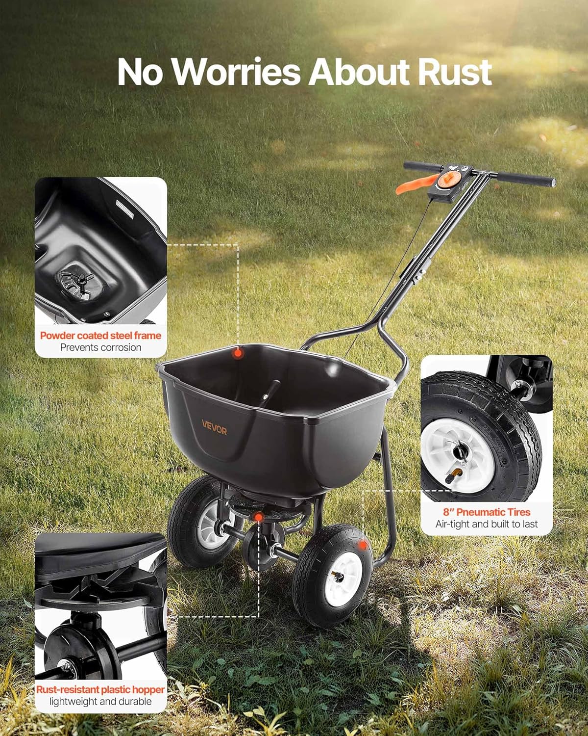 Broadcast Spreader, 60LBS Capacity, Walk-Behind Push Spreader, 0-9.8 ft Spreading Width, 10 in All Terrain Pneumatic Tires, Lawn Spreaders with Hopper Grate, for Seed, Fertilizer, Salt, Ice Melt