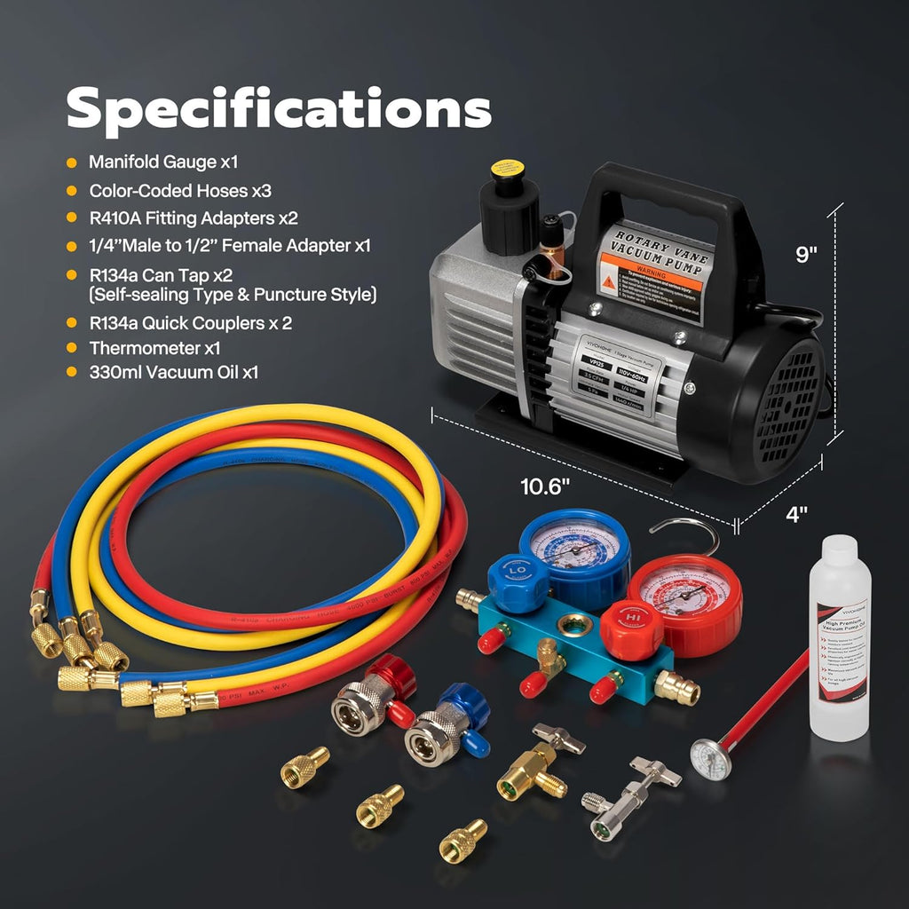 110V 1/4 HP 3.5CFM Single Stage Rotary Vane Air Vacuum Pump and AC Manifold Gauge Set Kit with Thermometer for R134a R12 R22 R502 R410a HVAC Air Conditioning Refrigeration Recharging Red