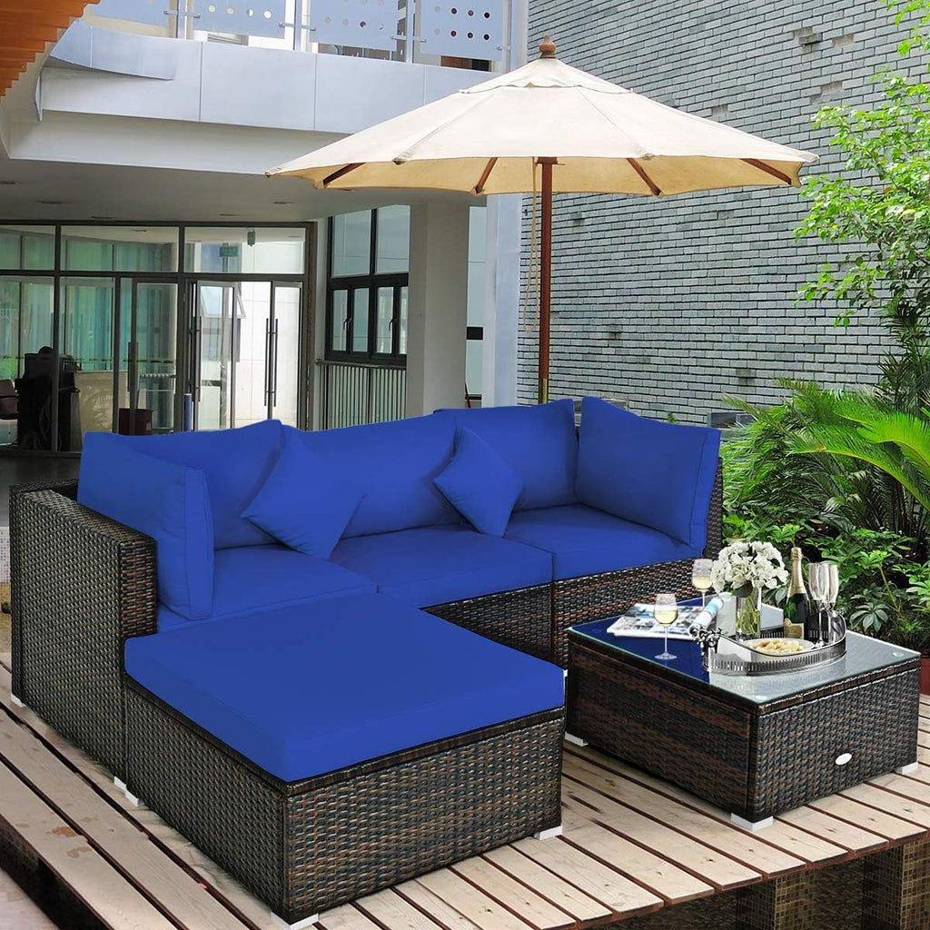 5 Piece Outdoor Patio Furniture, L-Shaped Wicker Sectional Sofa with Tempered Glass Table, Ottoman, 3 Single Chairs, Rattan Conversation Set for Backyard, Porch, Balcony, Beige