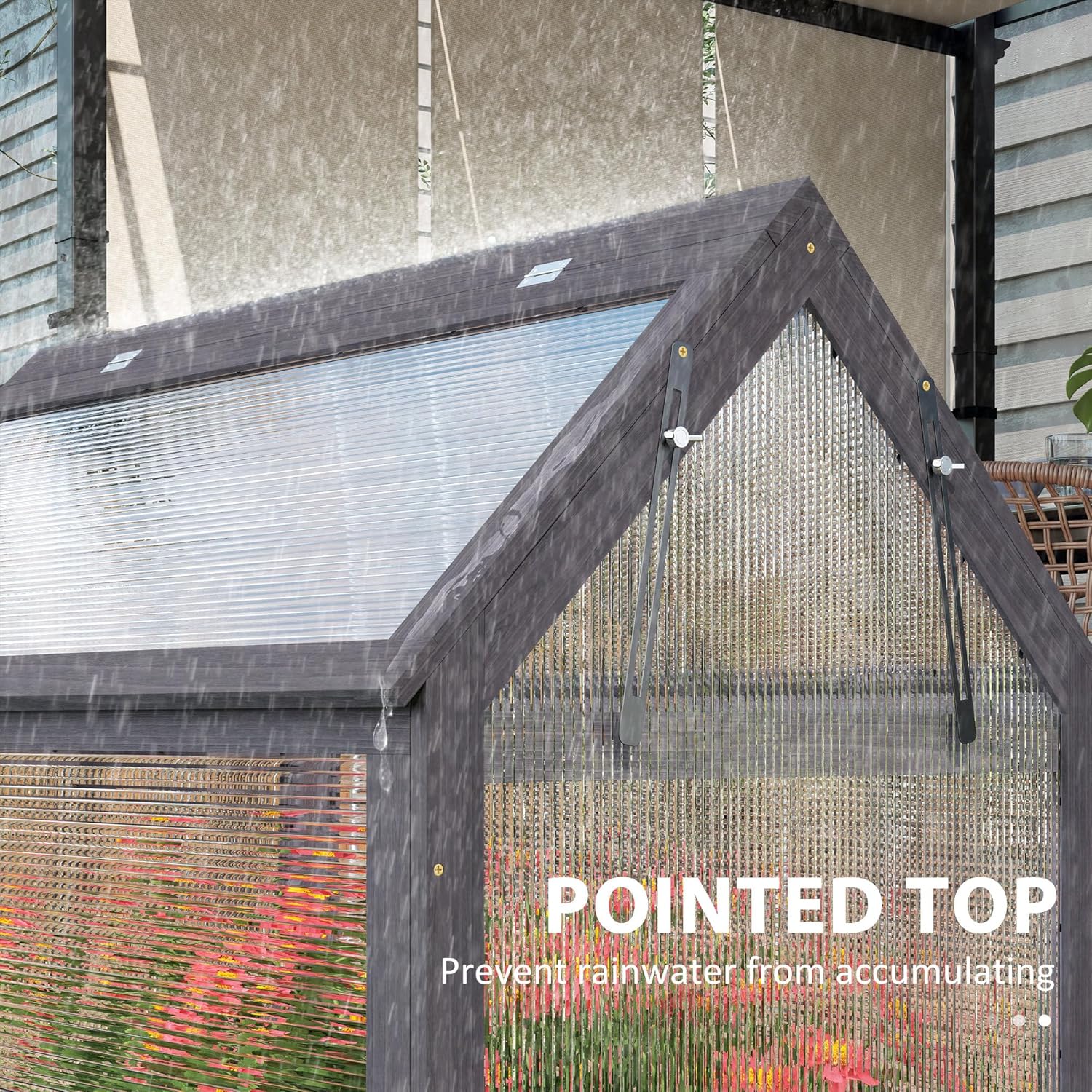 Raised Garden Bed with Polycarbonate Greenhouse, Wooden Cold Frame Greenhouse, Garden Flower Planter Protection, Peak Roof, 35.5" x 22.5" x 38.25", Gray