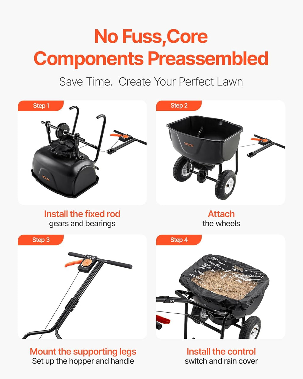 Broadcast Spreader, 60LBS Capacity, Walk-Behind Push Spreader, 0-9.8 ft Spreading Width, 10 in All Terrain Pneumatic Tires, Lawn Spreaders with Hopper Grate, for Seed, Fertilizer, Salt, Ice Melt