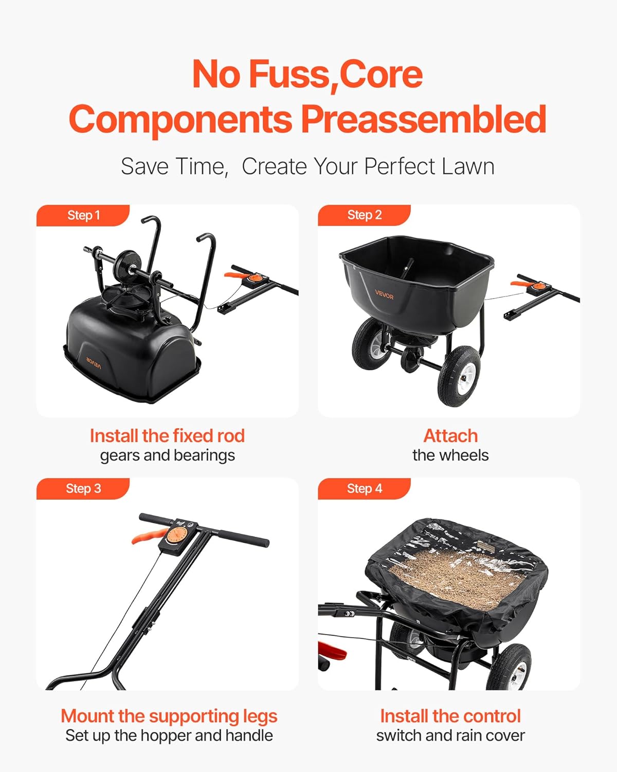 Broadcast Spreader, 60LBS Capacity, Walk-Behind Push Spreader, 0-9.8 ft Spreading Width, 10 in All Terrain Pneumatic Tires, Lawn Spreaders with Hopper Grate, for Seed, Fertilizer, Salt, Ice Melt