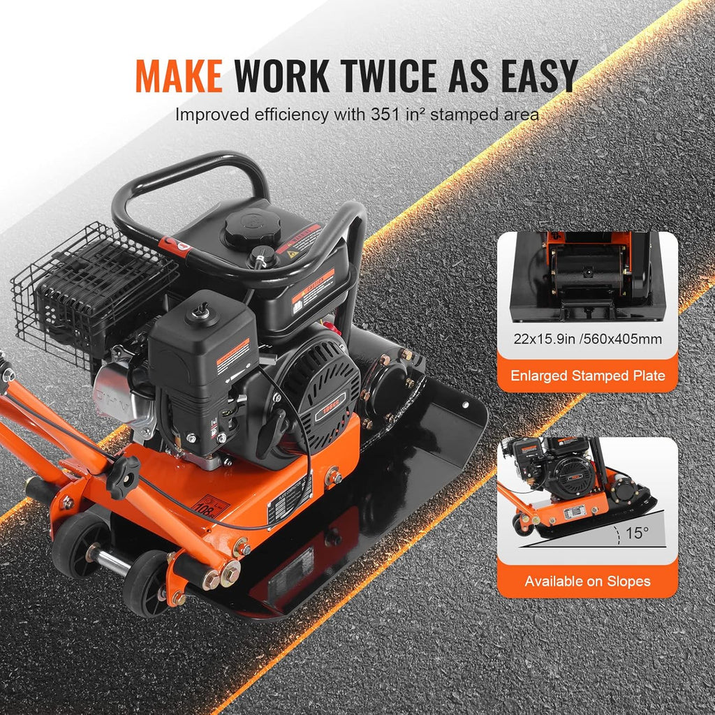 6.5HP Plate Compactor, 196CC Gas Engine, 4200 lbs Vibratory Compaction Tamper, 22.1x15.9 in Plate Power Jumping Jack Tamper, 5600 VPM Pavement Compactor for Walkways, Asphalts, Paver Landscaping