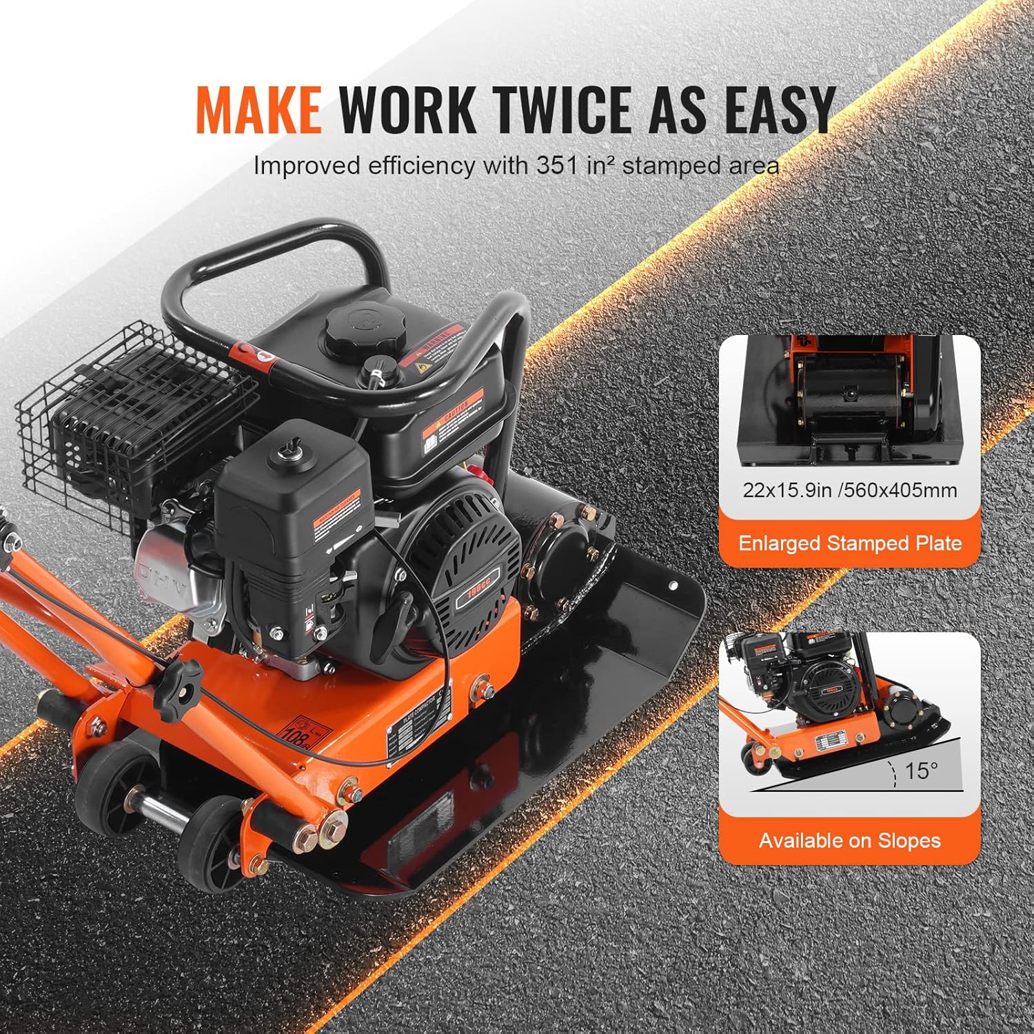 6.5HP Plate Compactor, 196CC Gas Engine, 4200 lbs Vibratory Compaction Tamper, 22.1x15.9 in Plate Power Jumping Jack Tamper, 5600 VPM Pavement Compactor for Walkways, Asphalts, Paver Landscaping