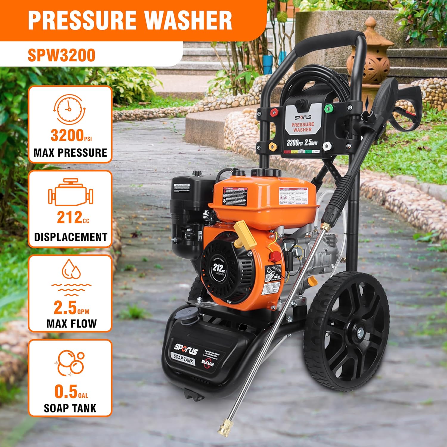 Hihg Pressure Washer 3200 PSI and 2.5 GPM, 5 QC Nozzle Tips and Onboard Soap Container for Cars/Fences/Patios/Driveways/Homes, EPA Compliant, Power Washer Gasoline Powered