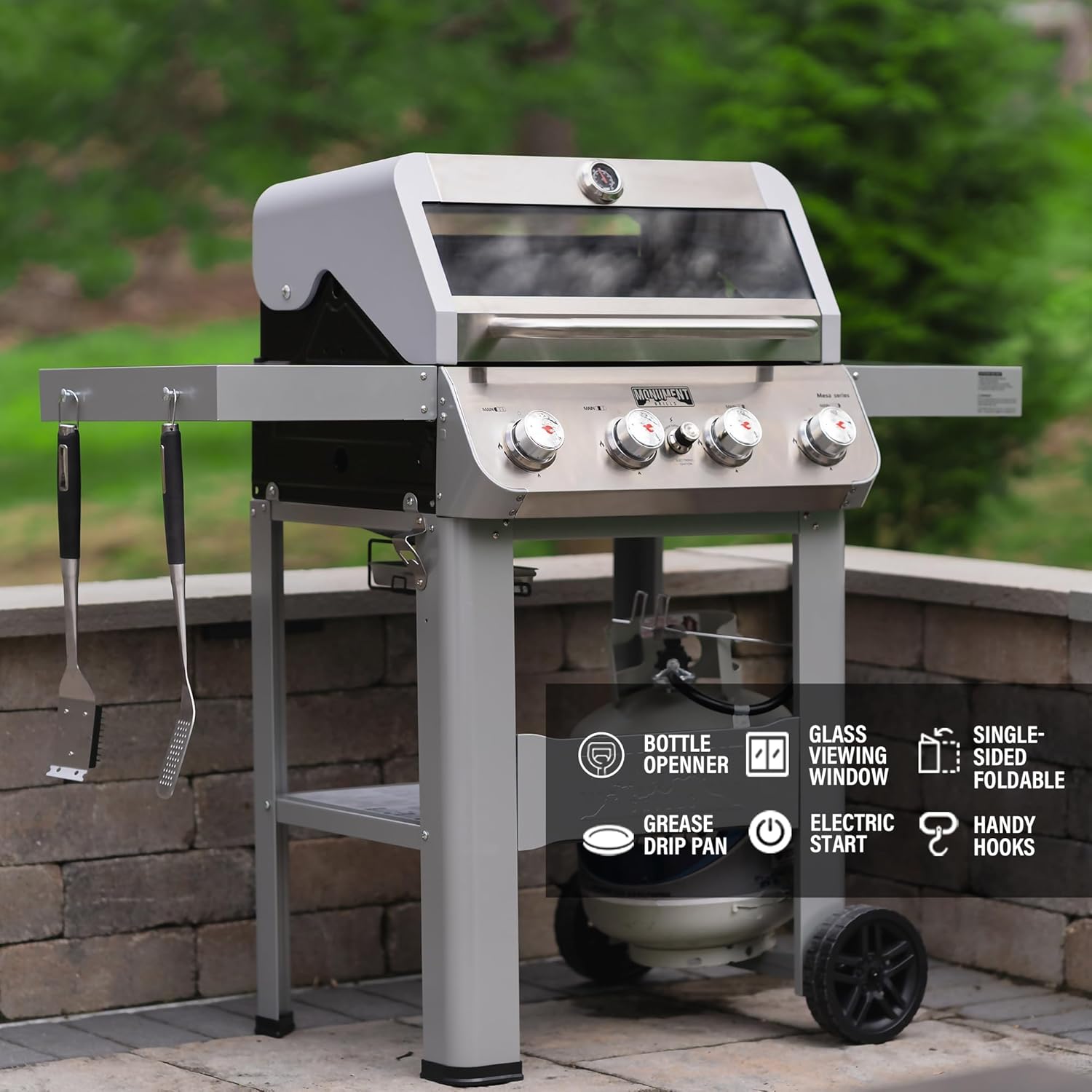 4-Burner Liquid Propane Gas Grill, Silver Stainless Steel Grill Outdoor Patio Garden Barbecue Grill with Clearview® Lid and One Foldable Shelves, Mesa400MF