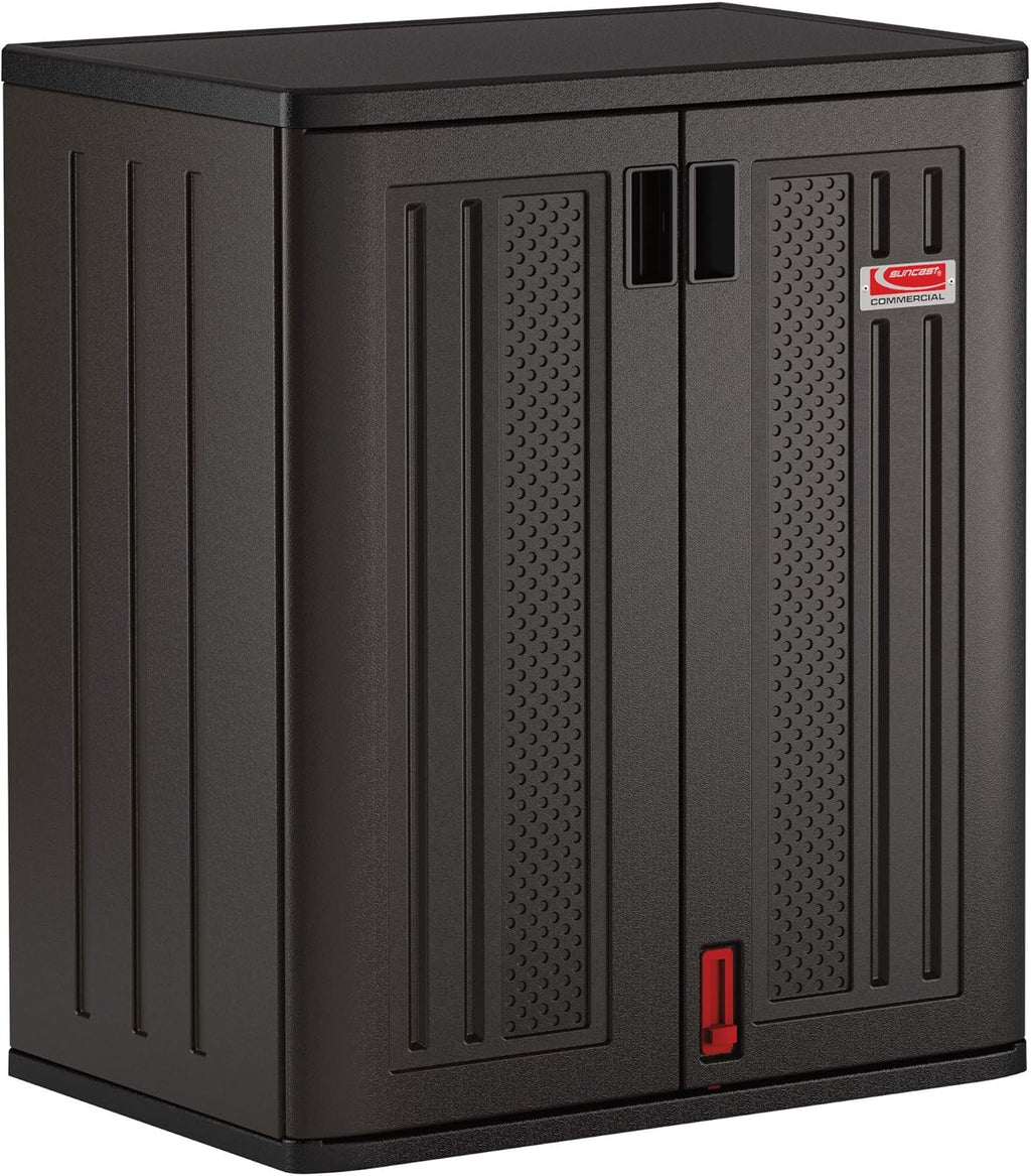 Suncast Commercial Heavy-Duty 9 Cubic Ft. Resin Storage Cabinet with Lockable Handles, Adjustable Metal-Reinforced Shelves for Garage or Workspace, Black, Made in The USA