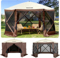 Camping awning tent, with dimensions of 12 feet by 12 feet, a hexagonal foldable sunshade tent, suitable for 8 people camping, IPX3 waterproof awning, equipped with a portable storage bag, ground stakes, mesh windows, in colors of brown and beige.