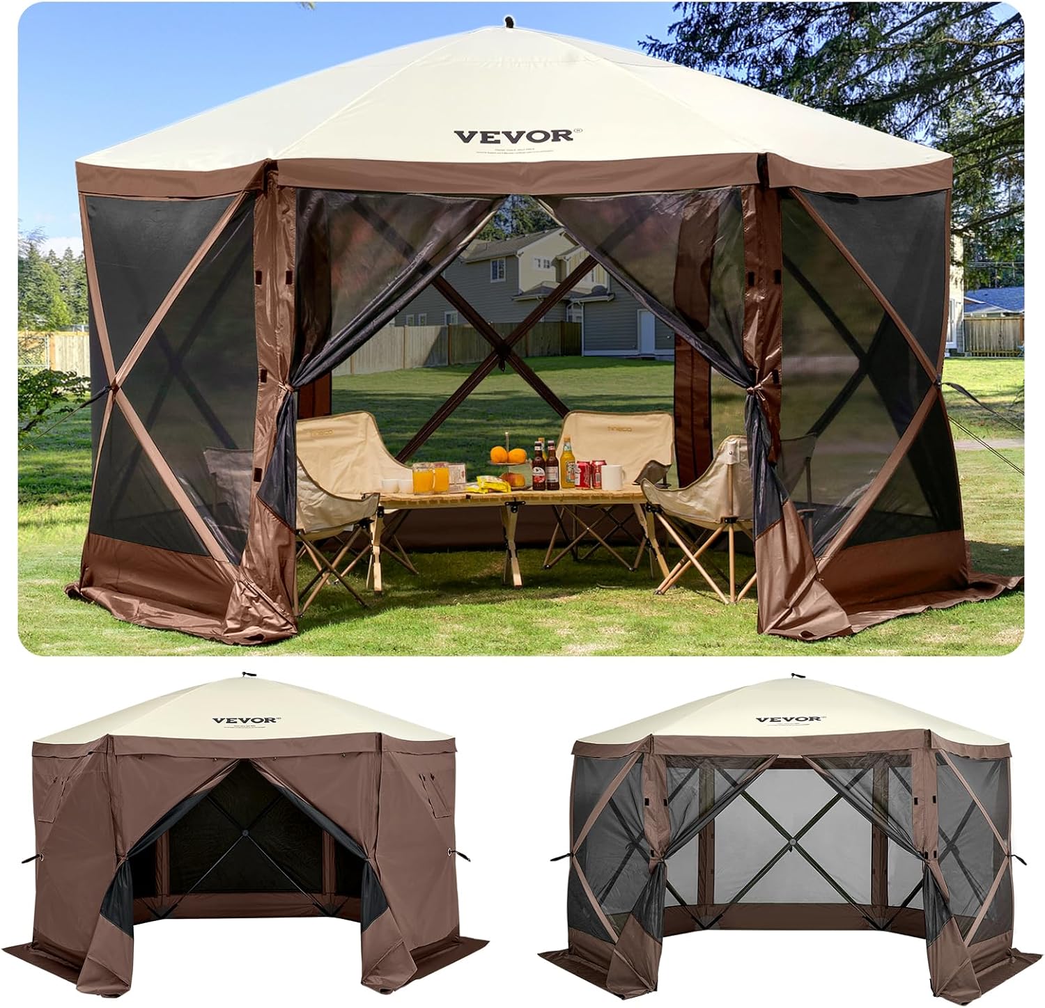 Camping awning tent, with dimensions of 12 feet by 12 feet, a hexagonal foldable sunshade tent, suitable for 8 people camping, IPX3 waterproof awning, equipped with a portable storage bag, ground stakes, mesh windows, in colors of brown and beige.