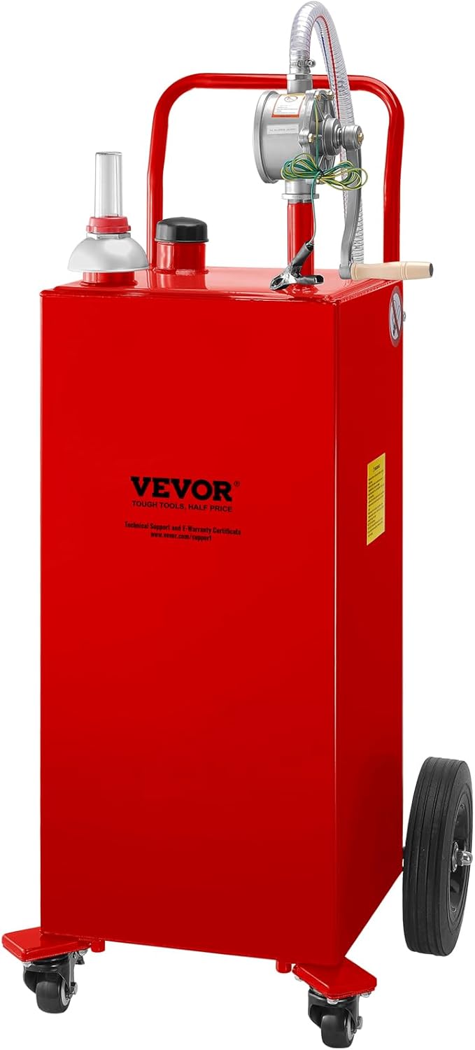 Gallon Fuel Caddy, Gas Storage Tank & 4 Wheels, with Manual Transfer Pump, Gasoline Diesel Fuel Container for Cars, Lawn Mowers, ATVs, Boats, More, Red