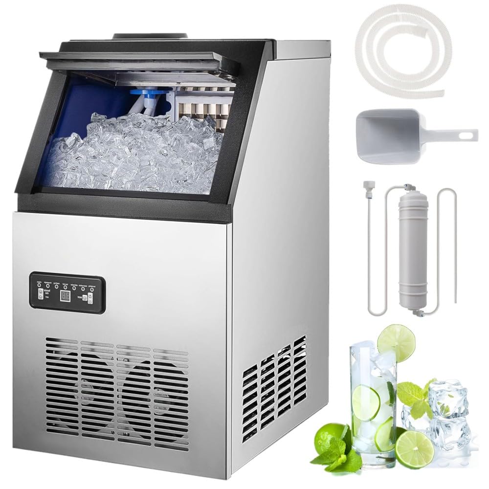 Commercial Ice Maker Machine, 90lbs/24H Ice Maker Machine with 33LBS Storage Bin, Stainless Steel Freestanding Ice Machine, Tap Water & Top Loading Under Counter ice Machine for Restaurant