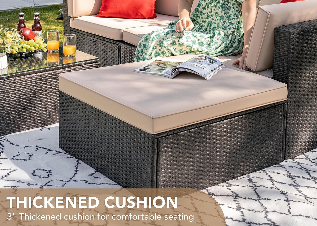 5 Pieces Patio Furniture Sets All Weather Outdoor Sectional Patio Sofa Manual Weaving Wicker Rattan Patio Seating Sofas with Cushion and Glass Table(Beige)