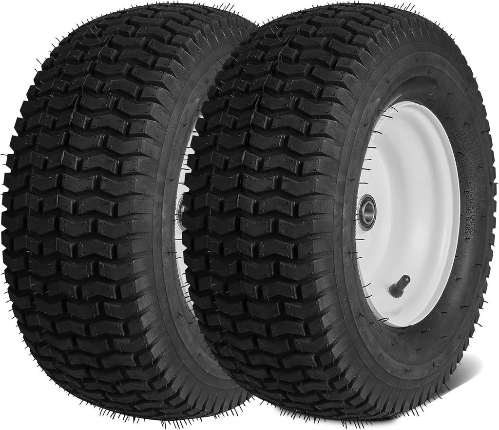 Lawn Mower Tires, 15x6-6" Lawn Tractor Tires, 2-Pack Tire and Wheel Assemblies, Turf Pneumatic Tires with 3" Centered Hub and 3/4" Bushing Size, 16 PCS Adapters for Riding Mowers Lawn Tractors