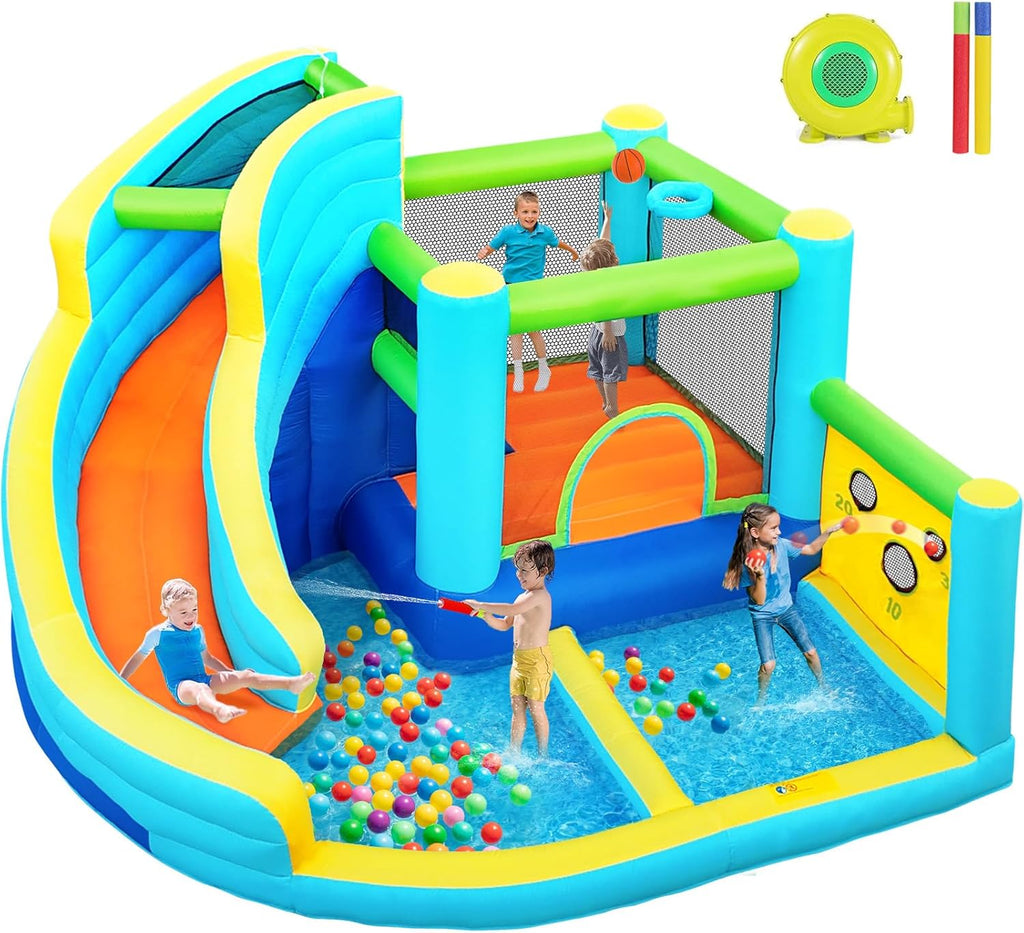 Inflatable Bounce House, Air Bounce House with Water Slides, Climbing Wall, Jumping and Splash Pool, Ball Shooting, Kids Bouncy Castle for Outdoor Backyard Discovery(with 450W Blower)