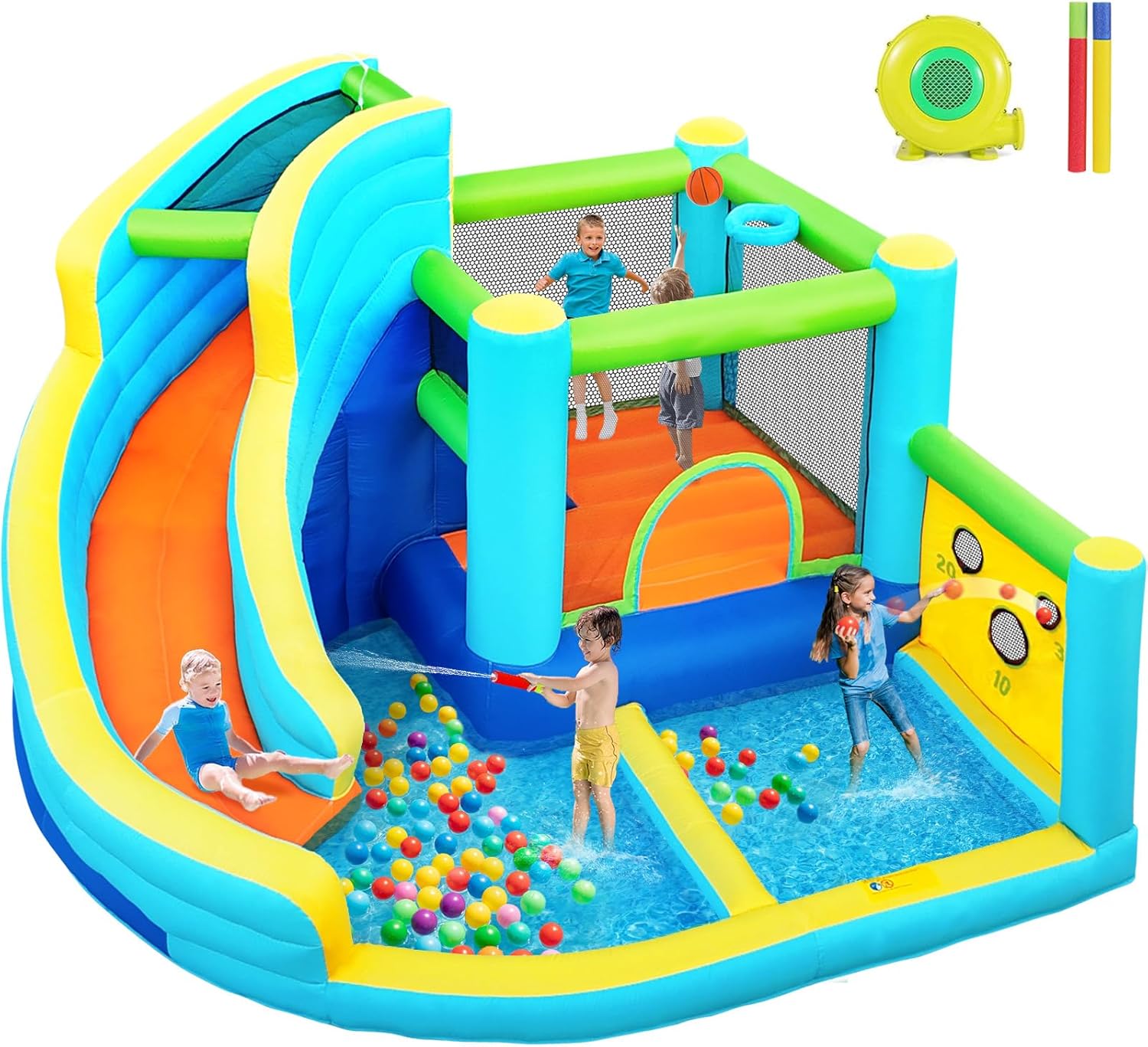 Inflatable Bounce House, Air Bounce House with Water Slides, Climbing Wall, Jumping and Splash Pool, Ball Shooting, Kids Bouncy Castle for Outdoor Backyard Discovery(with 450W Blower)