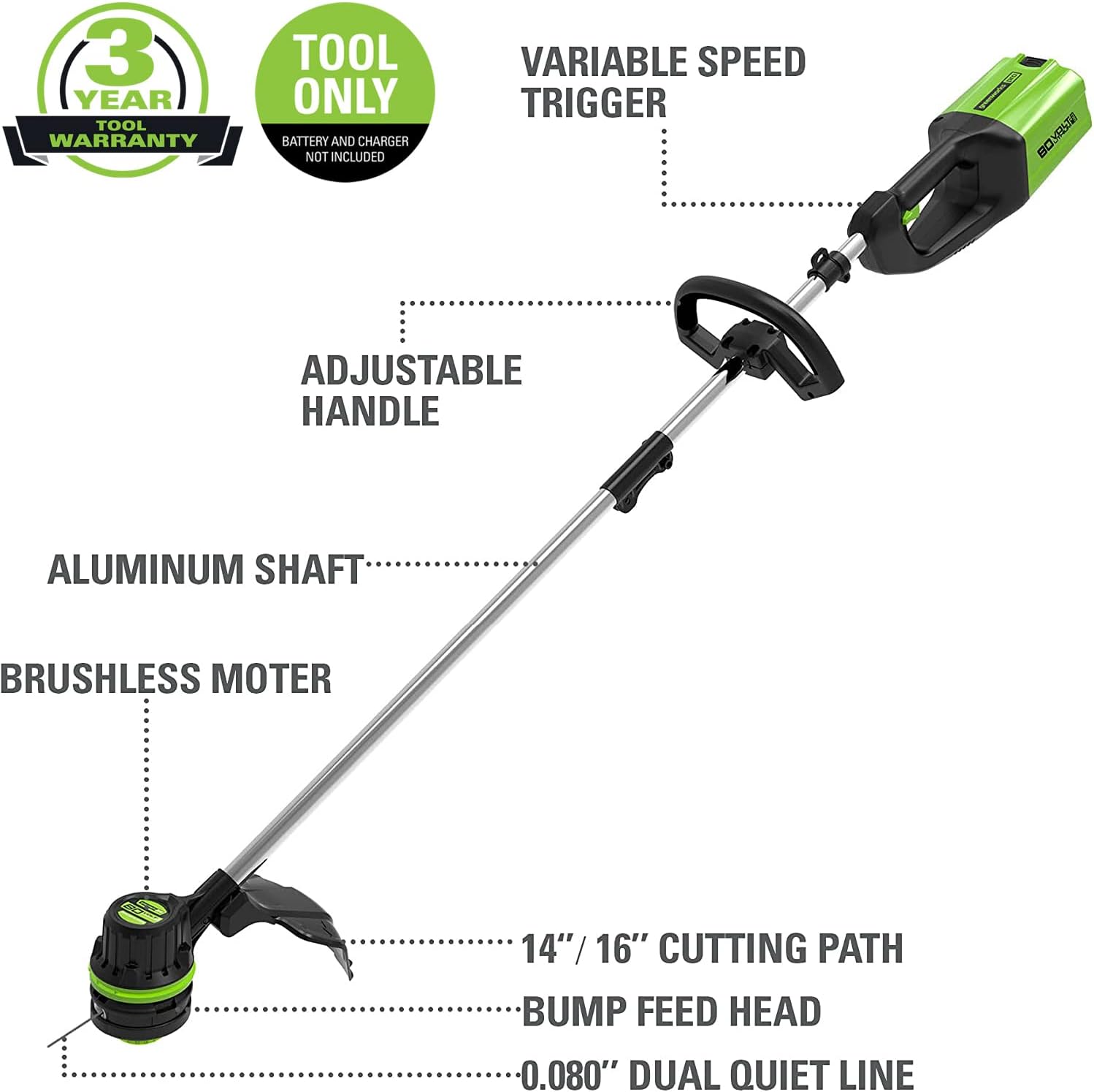 16" 80V Cordless String Trimmer (Attachment Capable), Battery Not Included