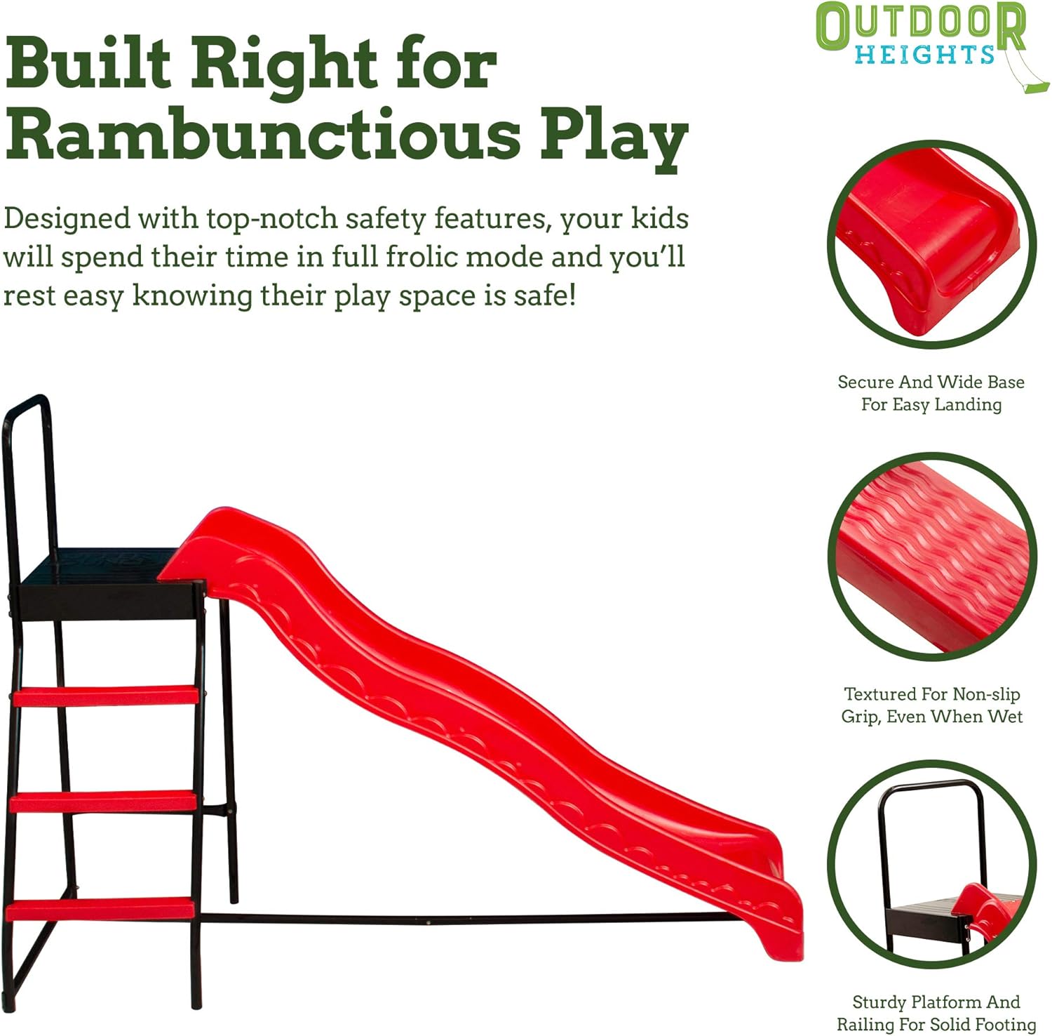 A combination of trampoline ladder and slide with a wide platform; a safe way for children and toddlers to enter and exit the trampoline; suitable for standard round or rectangular trampolines with or without nets; 3-level ladder and slide with a wid