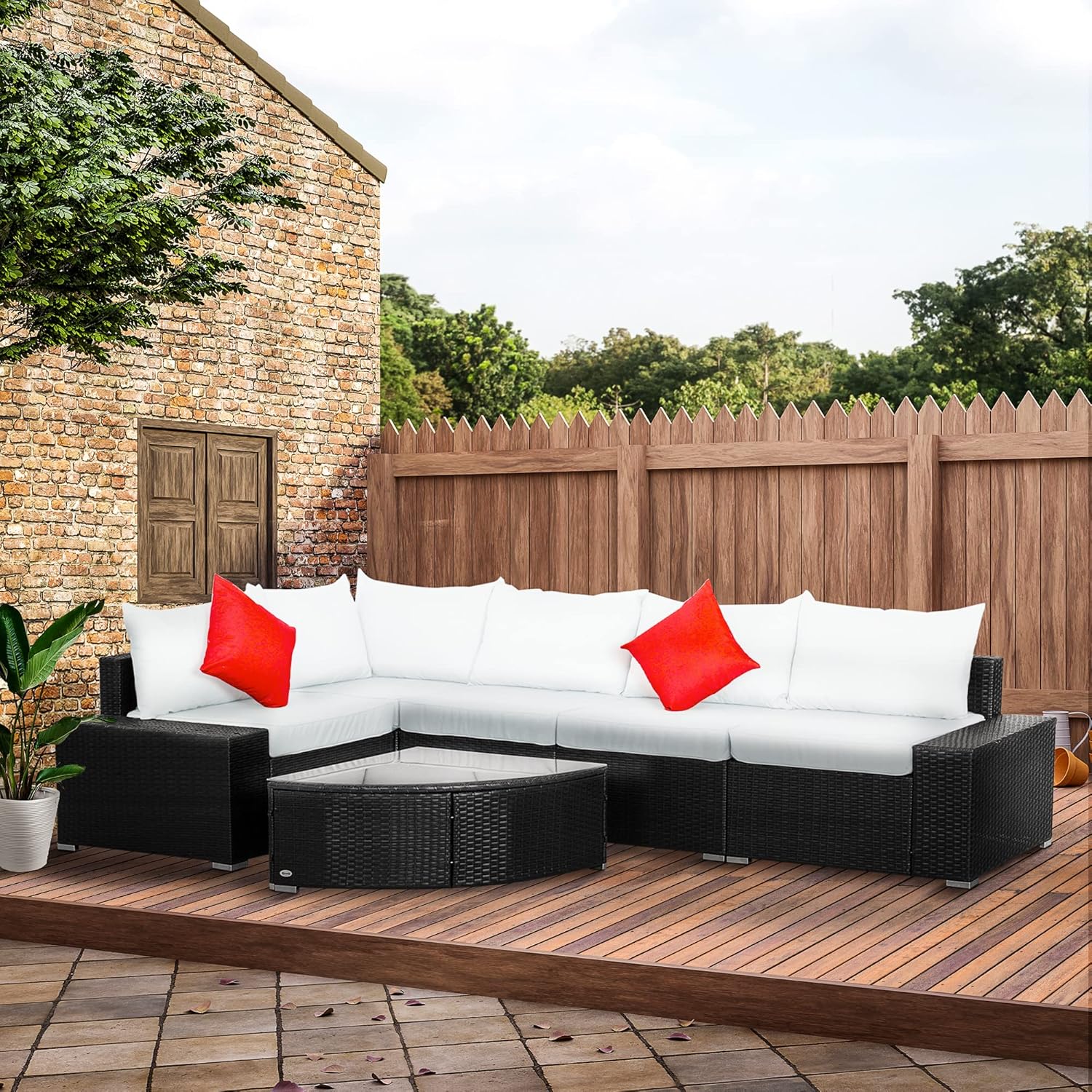 6 Pieces Wicker Patio Furniture Set, PE Rattan Outdoor Garden Conversation Sectional Sofa Set with 4" Thick Padded Cushions, Fan-Shape Glass Top Coffee Table, Beige