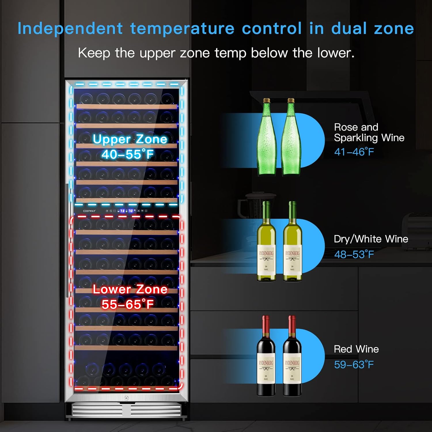 24-Inch Wine Cooler Refrigerator, 154-Bottle Dual Zone Wine Cellar with Dual Temperature Control, Tempered Glass Door, Memory Function, Freestanding or Built-in Wine Fridge for Home Bar