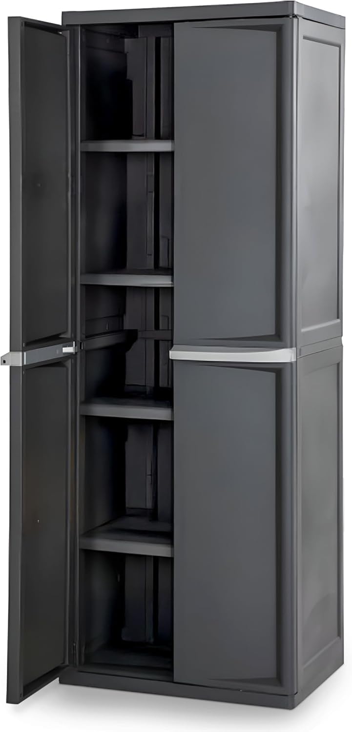 4 Shelf Cabinet, Plastic Organization Storage Unit, Organize Bins in the Garage, Basement, Attic, Mudroom, Gray, 1-Pack