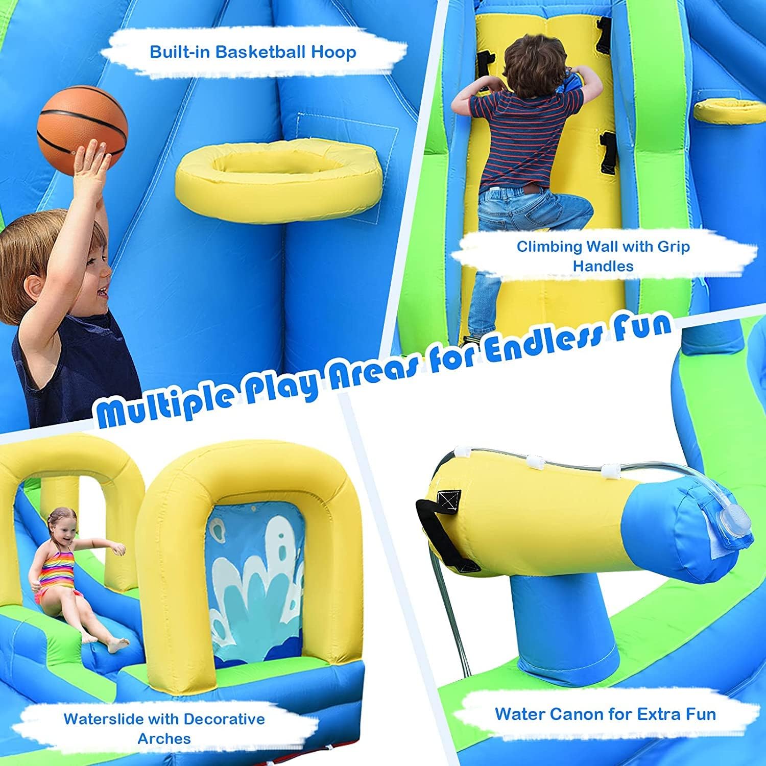 Inflatable Water Slides, 5 in 1 Kids Castle Bouncy House w/2 Water Cannons & Hose, Long Slides w/Arch, Climbing Wall & Splash Pool, Outdoor Blow Up Water Park for Backyard(Without Blower)