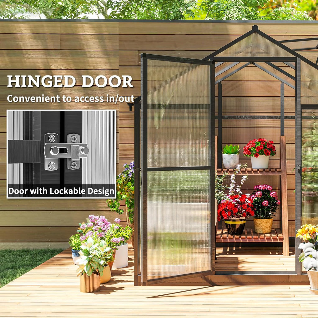 6' x 8' x 6.4' Polycarbonate Greenhouse, Aluminum Walk-in Green House Kit Garden, Plants Grow with Rain Gutter and Roof Vent