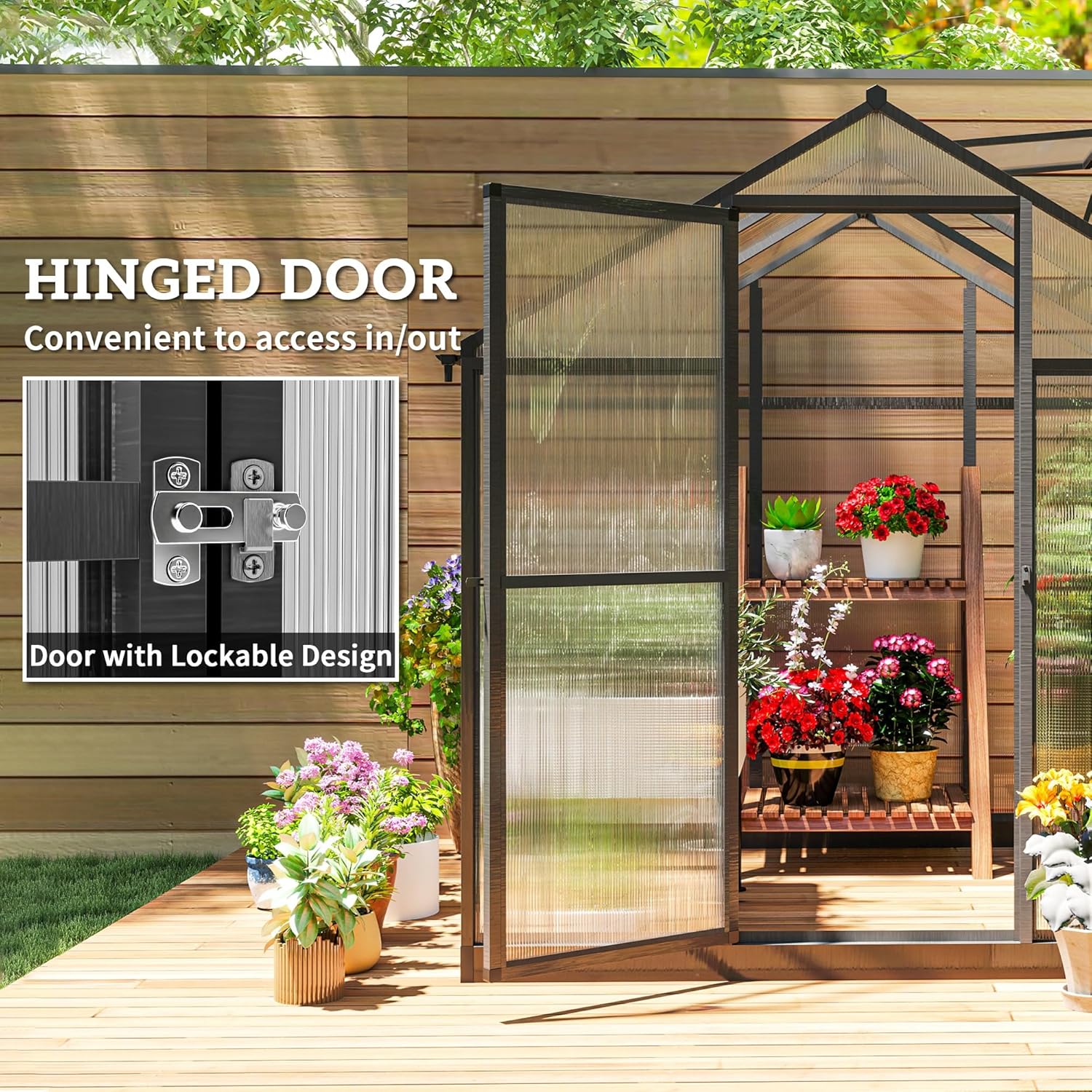 6' x 8' x 6.4' Polycarbonate Greenhouse, Aluminum Walk-in Green House Kit Garden, Plants Grow with Rain Gutter and Roof Vent