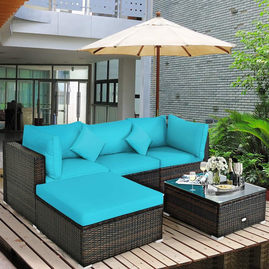 5 Piece Outdoor Patio Furniture, L-Shaped Wicker Sectional Sofa with Tempered Glass Table, Ottoman, 3 Single Chairs, Rattan Conversation Set for Backyard, Porch, Balcony, Beige