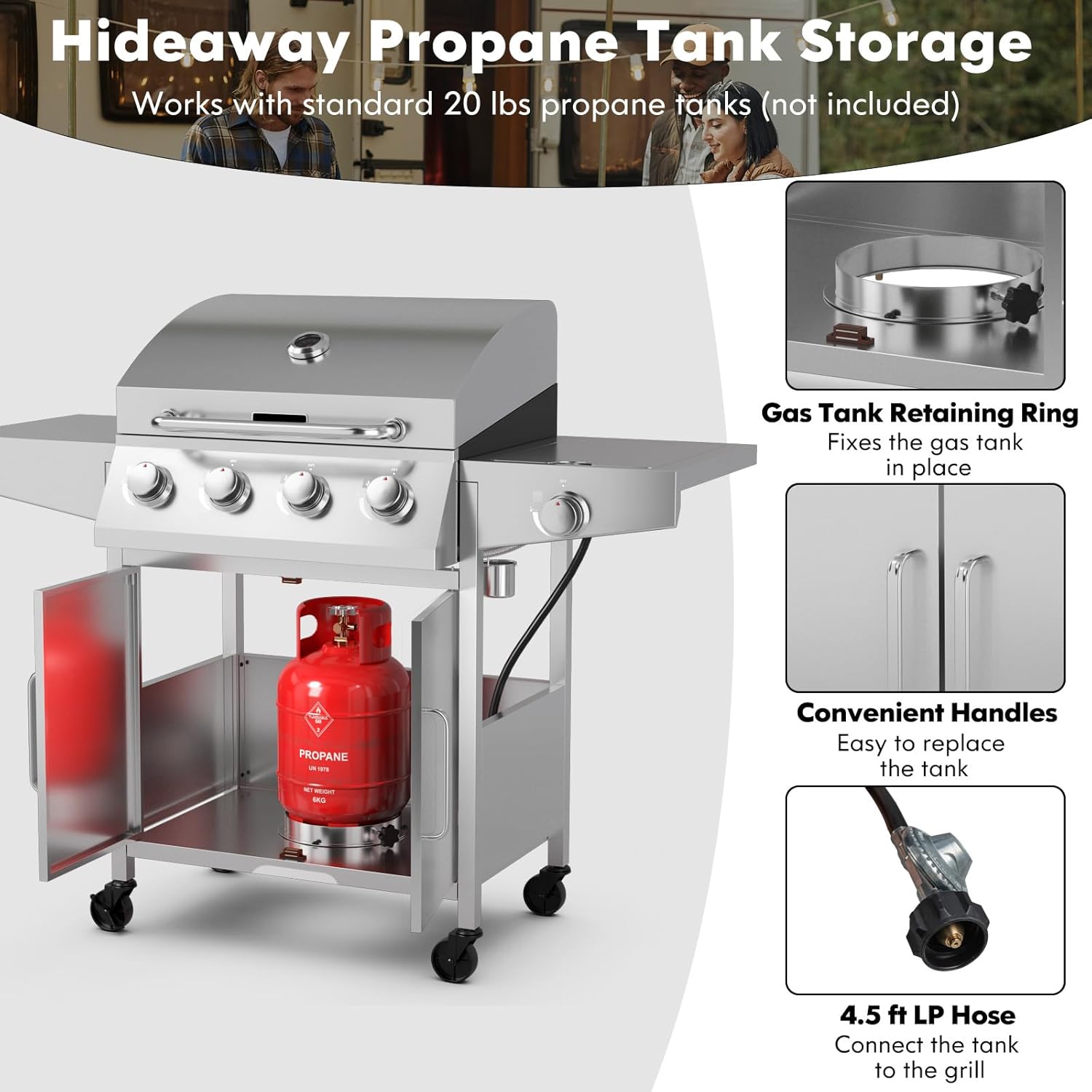 Propane Gas Grill 50,000 BTU, 4 Main Burners, 1 Side Burner, 2 Prep Tables, Stainless Steel Heavy-Duty BBQ Grill with 4 Wheels for Backyard Party Outdoor Cooking