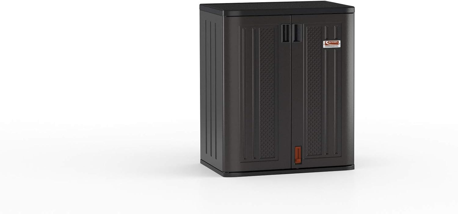 Suncast Commercial Heavy-Duty 9 Cubic Ft. Resin Storage Cabinet with Lockable Handles, Adjustable Metal-Reinforced Shelves for Garage or Workspace, Black, Made in The USA