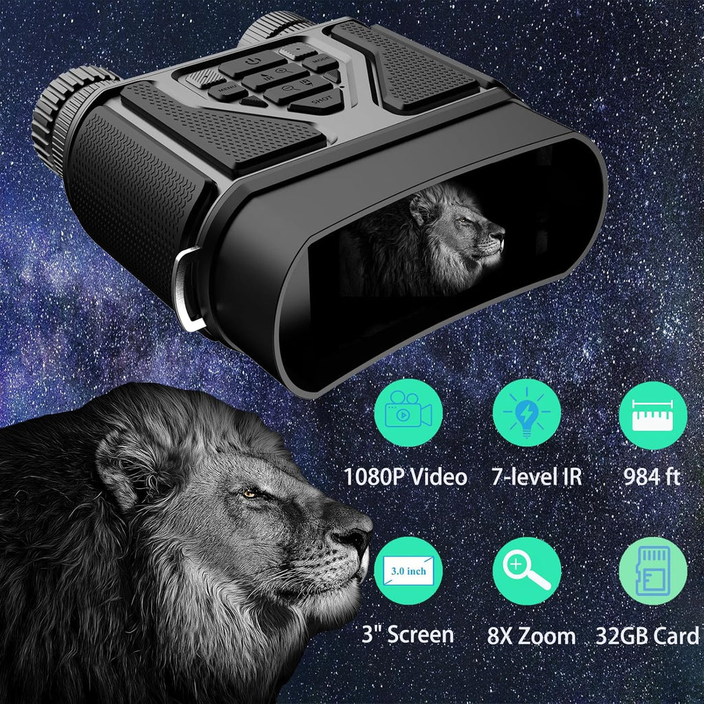 Night Vision Goggles - Night Vision Binoculars for Adults, FHD 1080P Infrared Digital Night Vision with 8X Zoom, 4000mAh Rechargeable Hunting Night Vision with 32GB Card (Black)