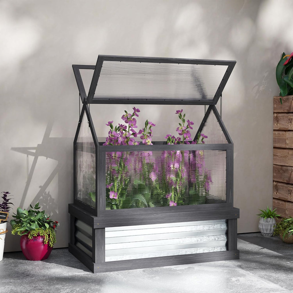 Raised Garden Bed with Polycarbonate Greenhouse, Wooden Cold Frame Greenhouse, Garden Flower Planter Protection, Peak Roof, 35.5" x 22.5" x 38.25", Gray