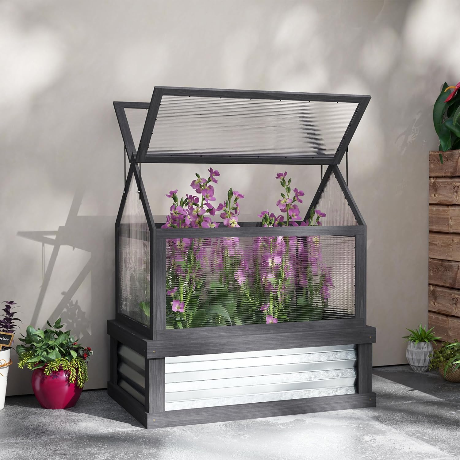 Raised Garden Bed with Polycarbonate Greenhouse, Wooden Cold Frame Greenhouse, Garden Flower Planter Protection, Peak Roof, 35.5" x 22.5" x 38.25", Gray